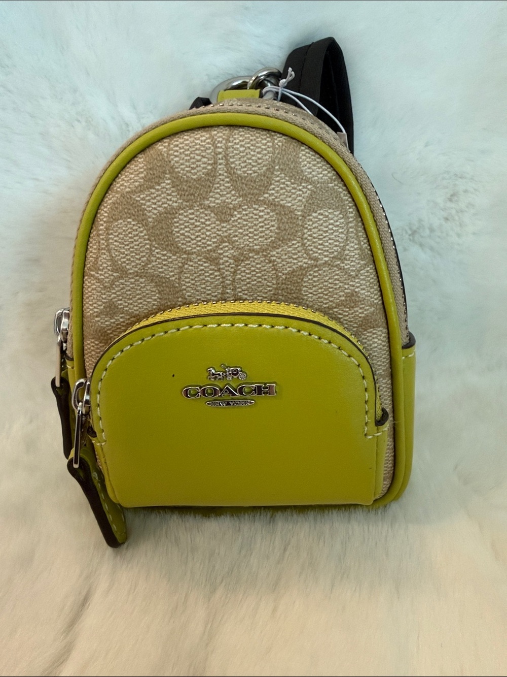 Coach Mini Signature Backpack Wristlette Keychain in Lime and Beige